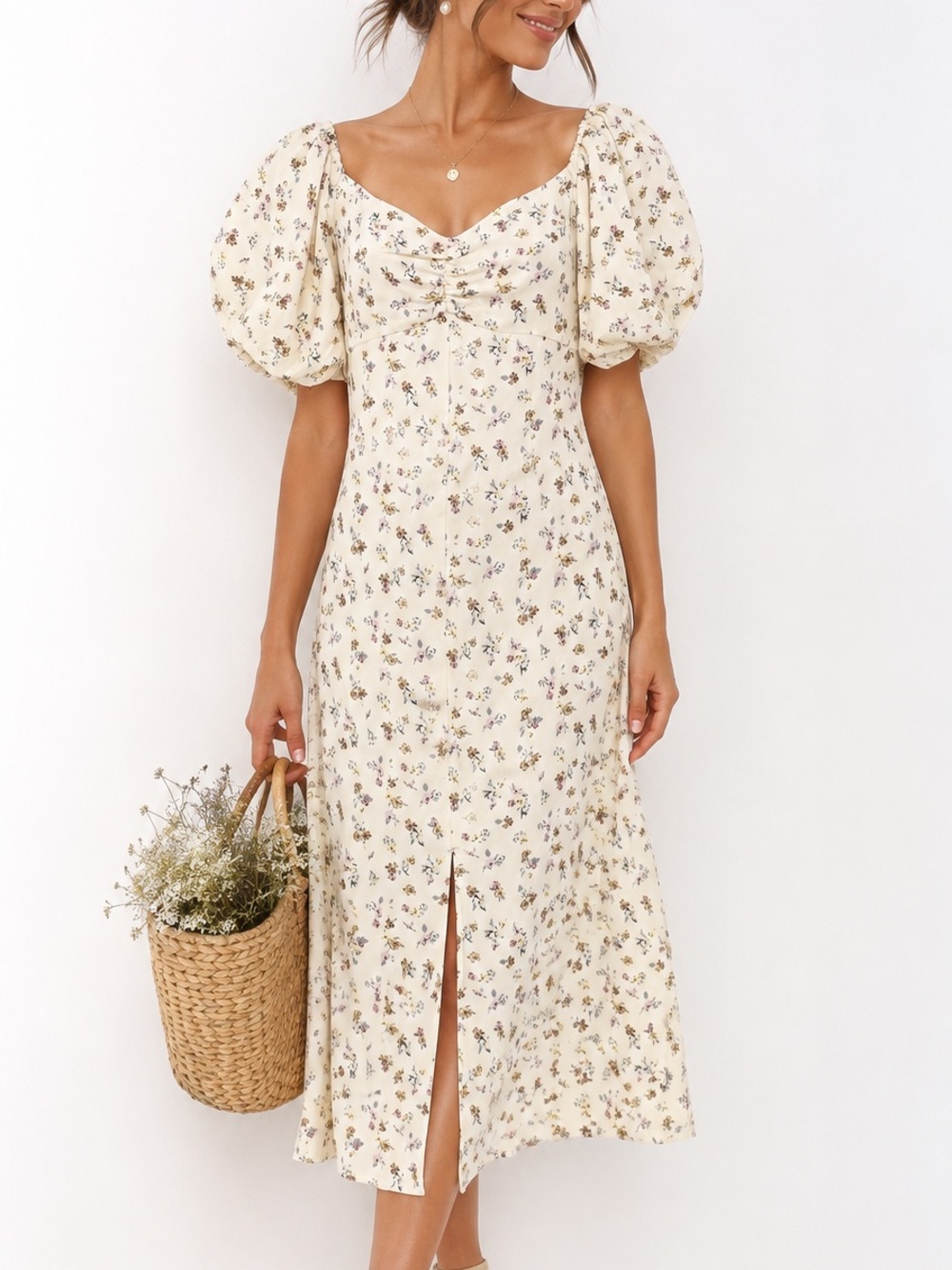 NWT AND NOW THIS Cream Floral Puff Sleeve Front-Slit Cottagecore Dress Size M